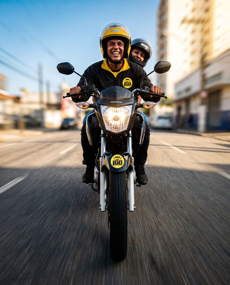Piloto da iGO Motos levando uma passageira na garupa, os dois sorrindo